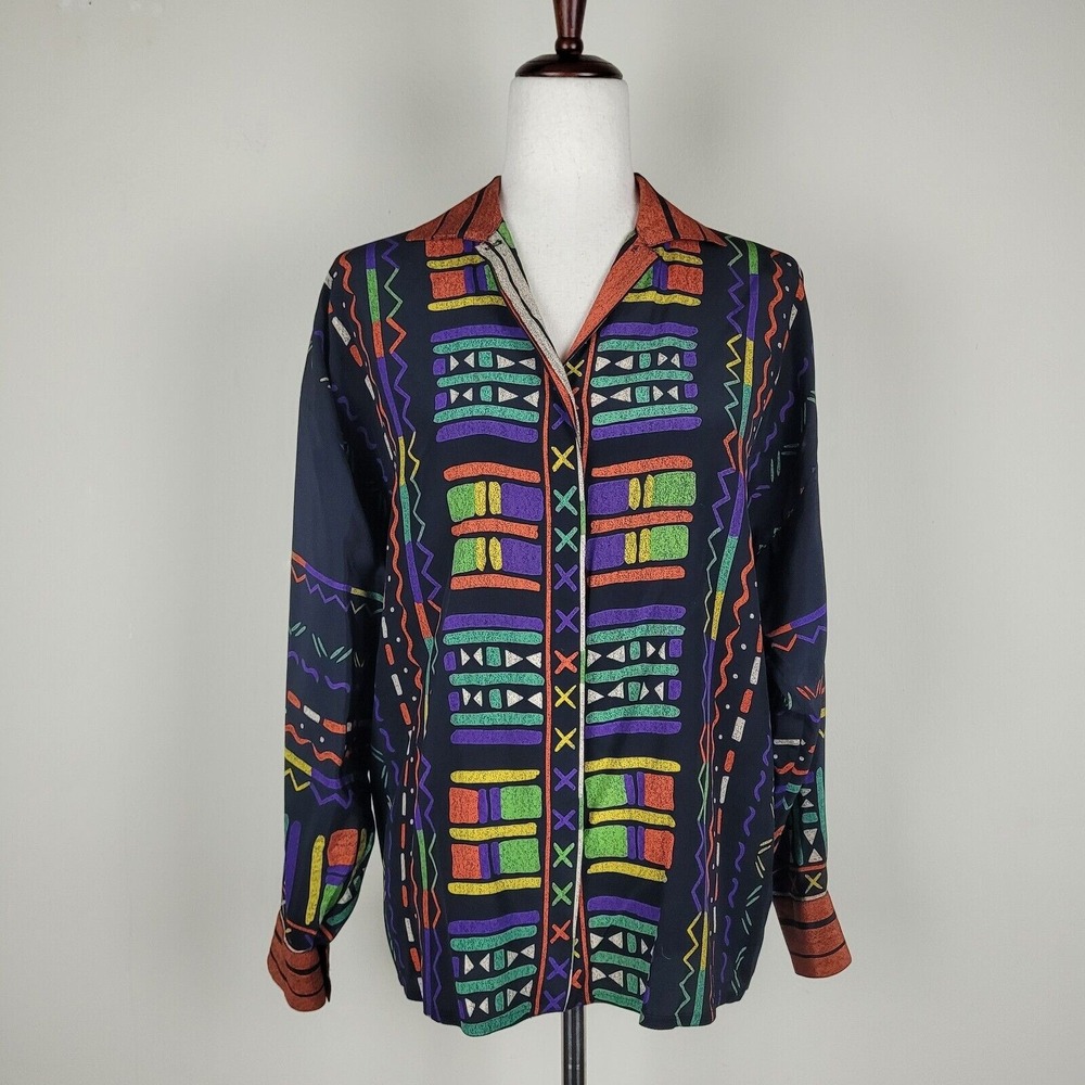 VTG Gianni Versace Blouse IT38 Silk Colorful Geometric 90s Abstract Print Top